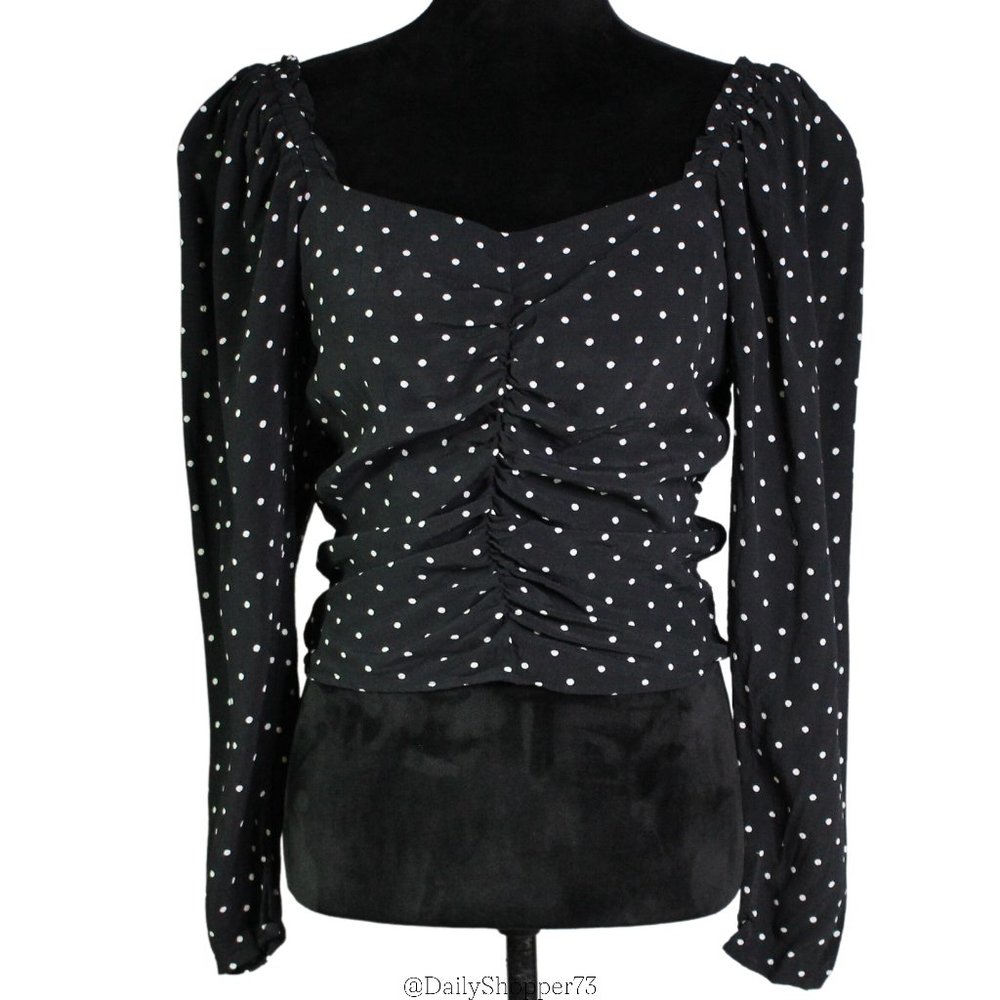 H&M Women's Rayon Shirred Ruched Puffed Long Sleeve Peasant Blouse Crop Top